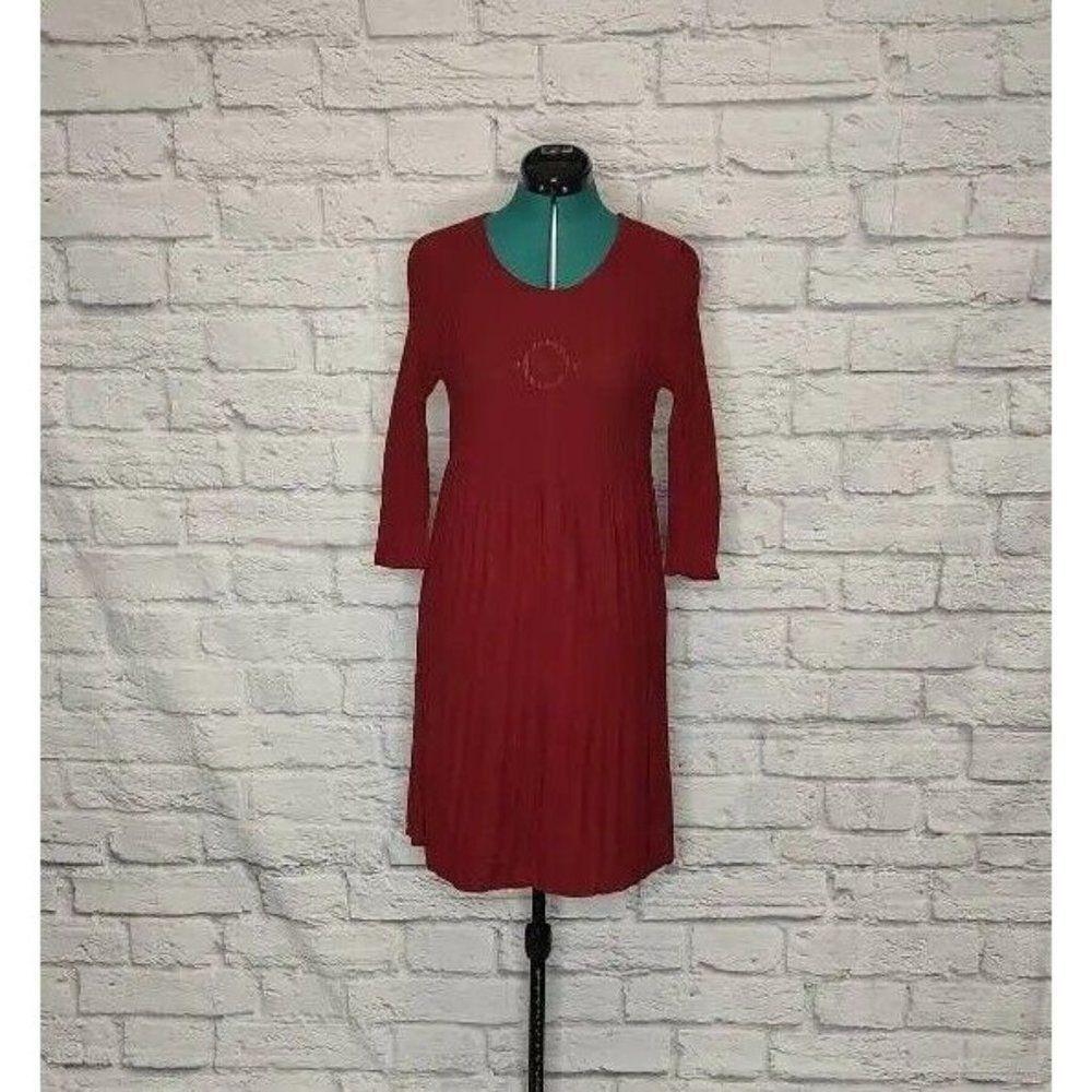 *EILEEN Fisher Womens Sweater Dress Red Pleated Scoop Neck Long Sleeve Knit S - Picture 1 of 5